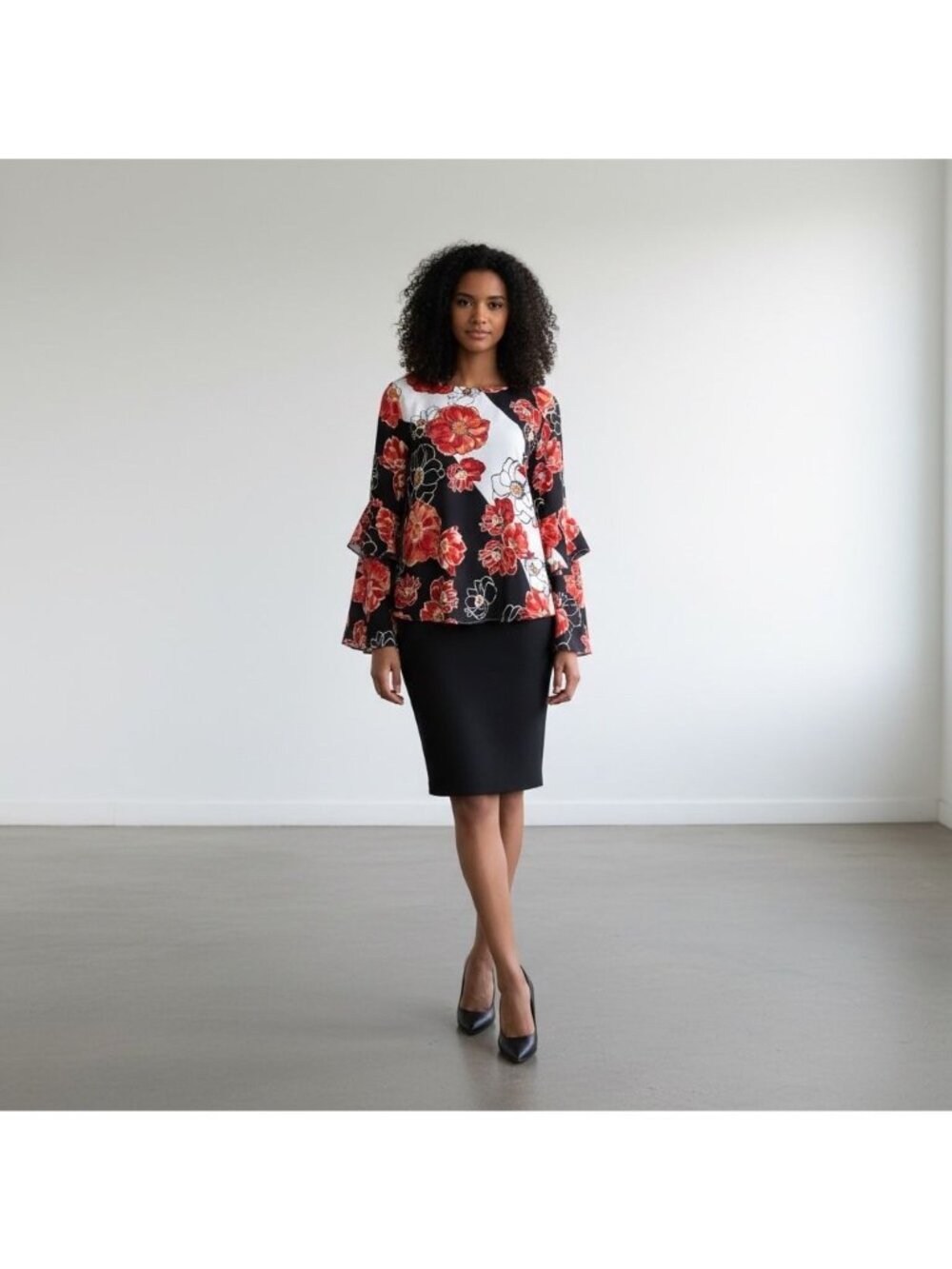 Alfani Womens Floral Bell Sleeve Blouse XL Black & Red Ruffle Hem
